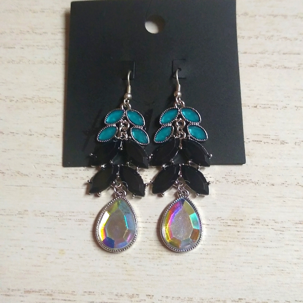 😻 Black Turquoise Gem With Clear Bling Waterdrop Dangle Earrings